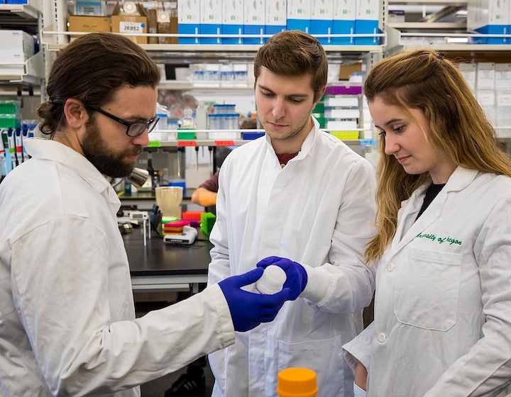 Students in a lab looking at bottle