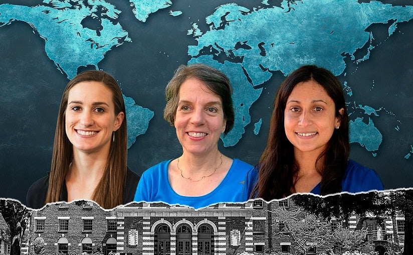 Three women with a global map in the background