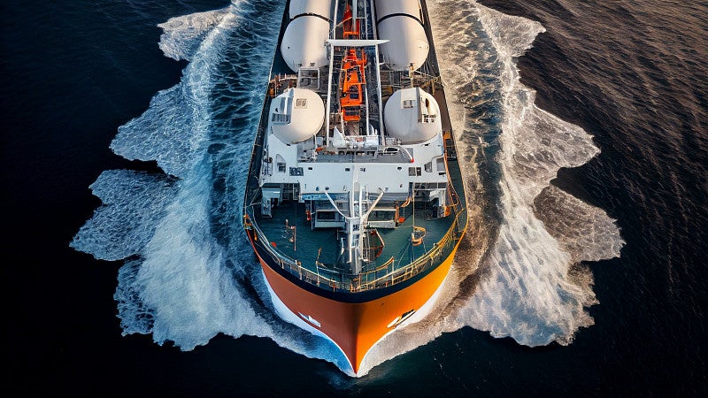 Aerial view of LPG gas ship. Gas carrier, gas tanker sailing in ocean. Generative AI