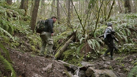 Two people walk through the forest 