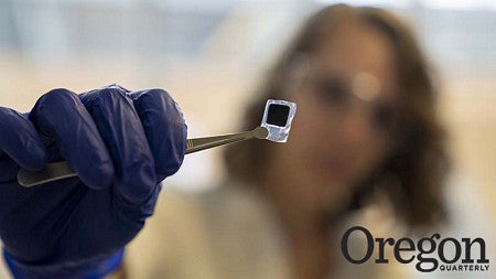 A hand holds a microchip in tweezers 