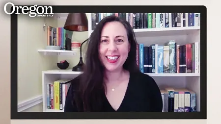 Kara Clevinger in front of a bookcase