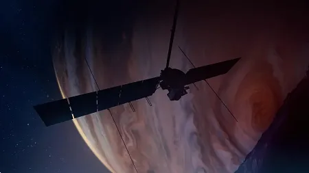  An illustration of the Europa Clipper outside of Jupiter 