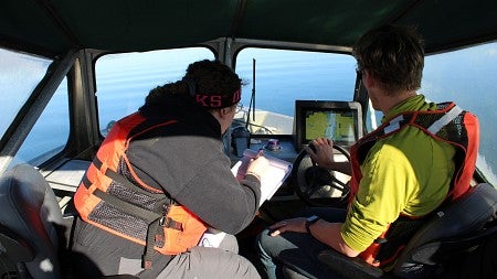 two people navigating a boat