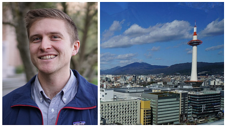 photo collage: a smiling person wearing a blue jacket and a city skyline with a red and white tower and mountains in the distance