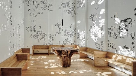fractal patters on the wall and wood furniture