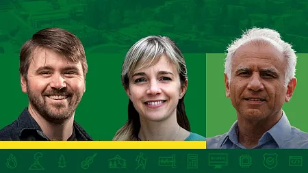 headshots of three people over a green oregon background