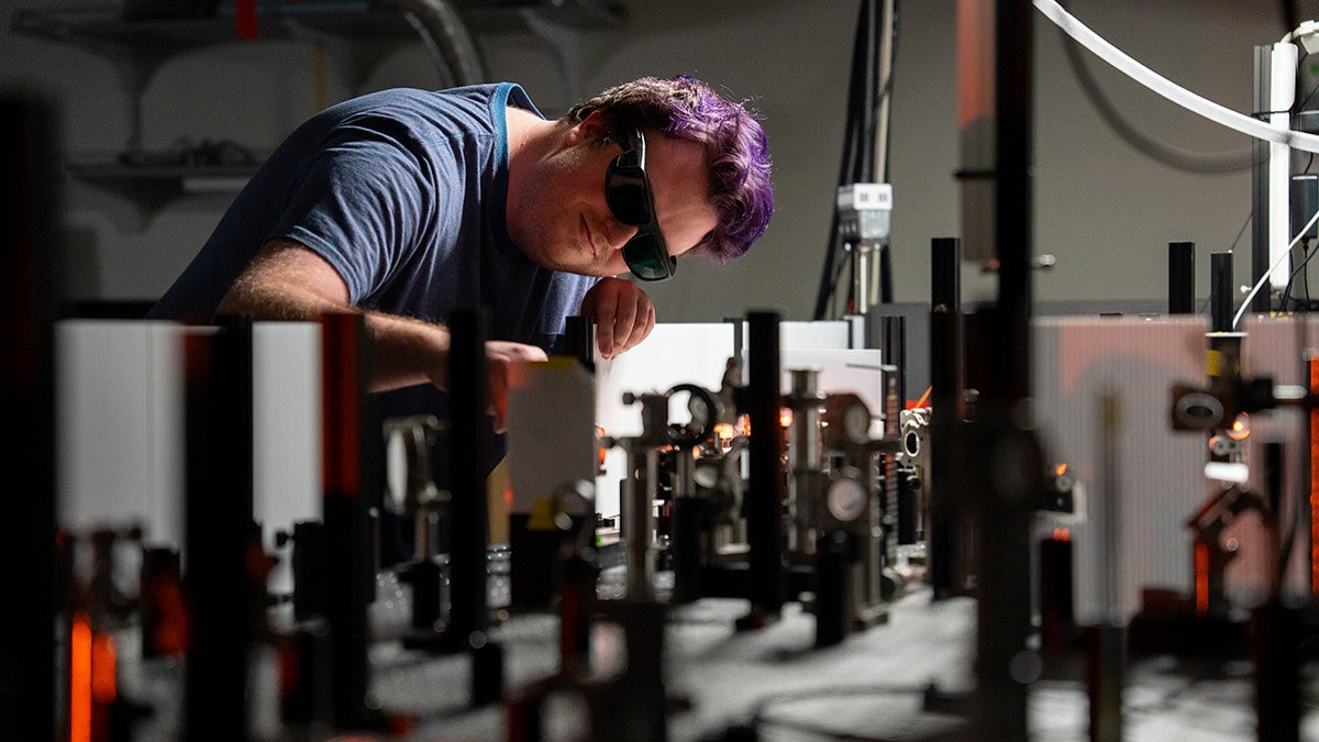 Student working lab with lasers