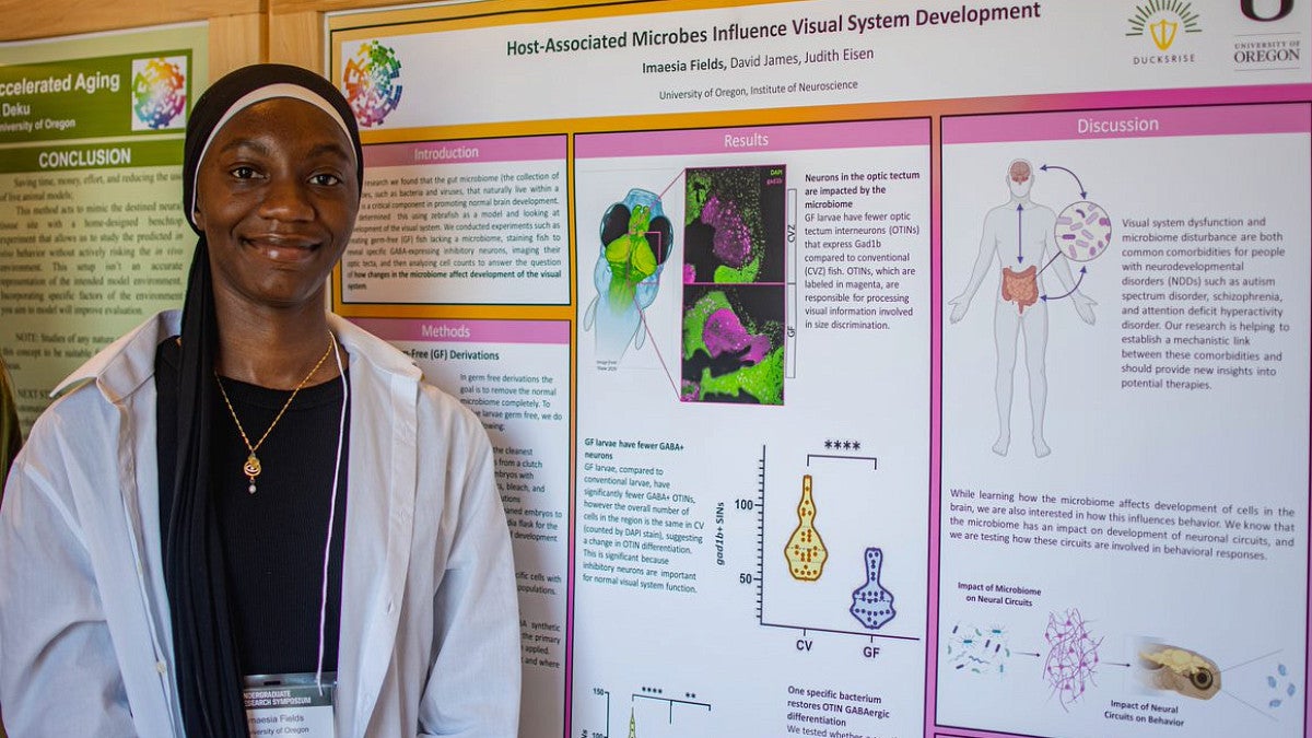 Student standing in front of project