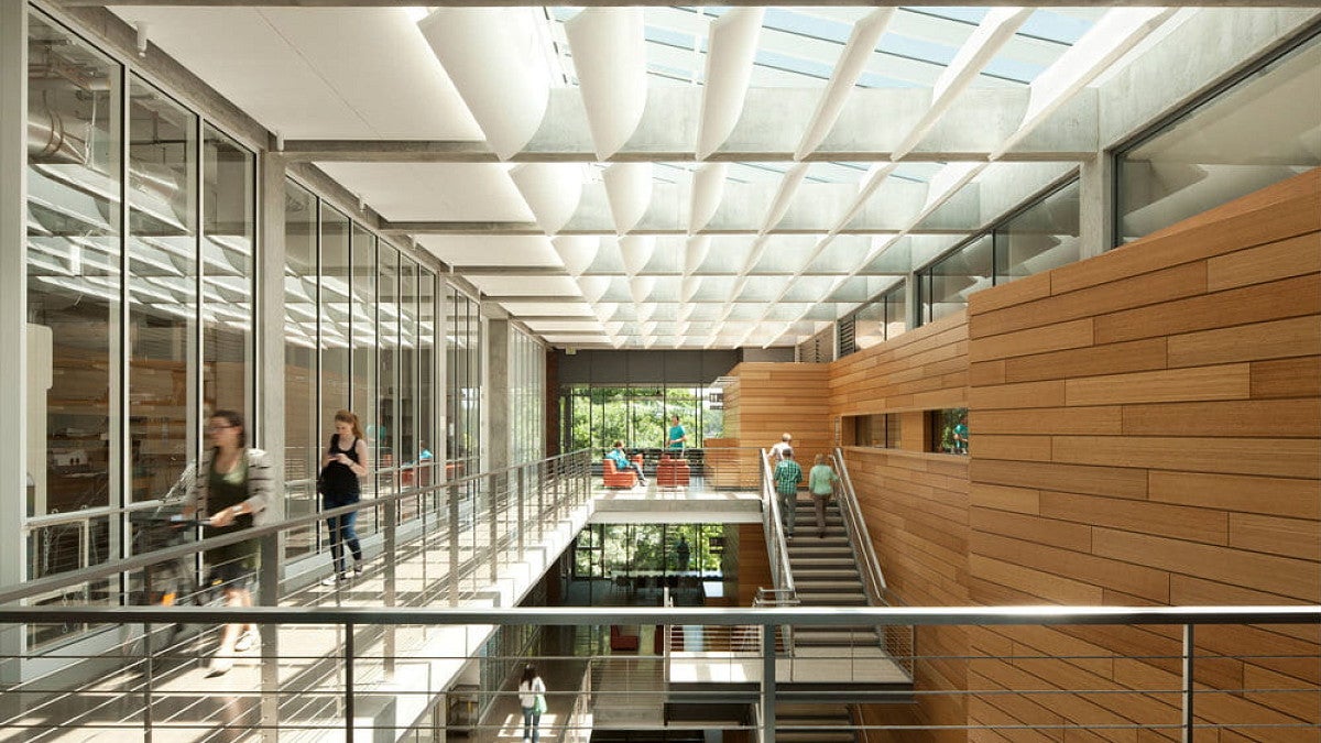 Students walking through chemistry building