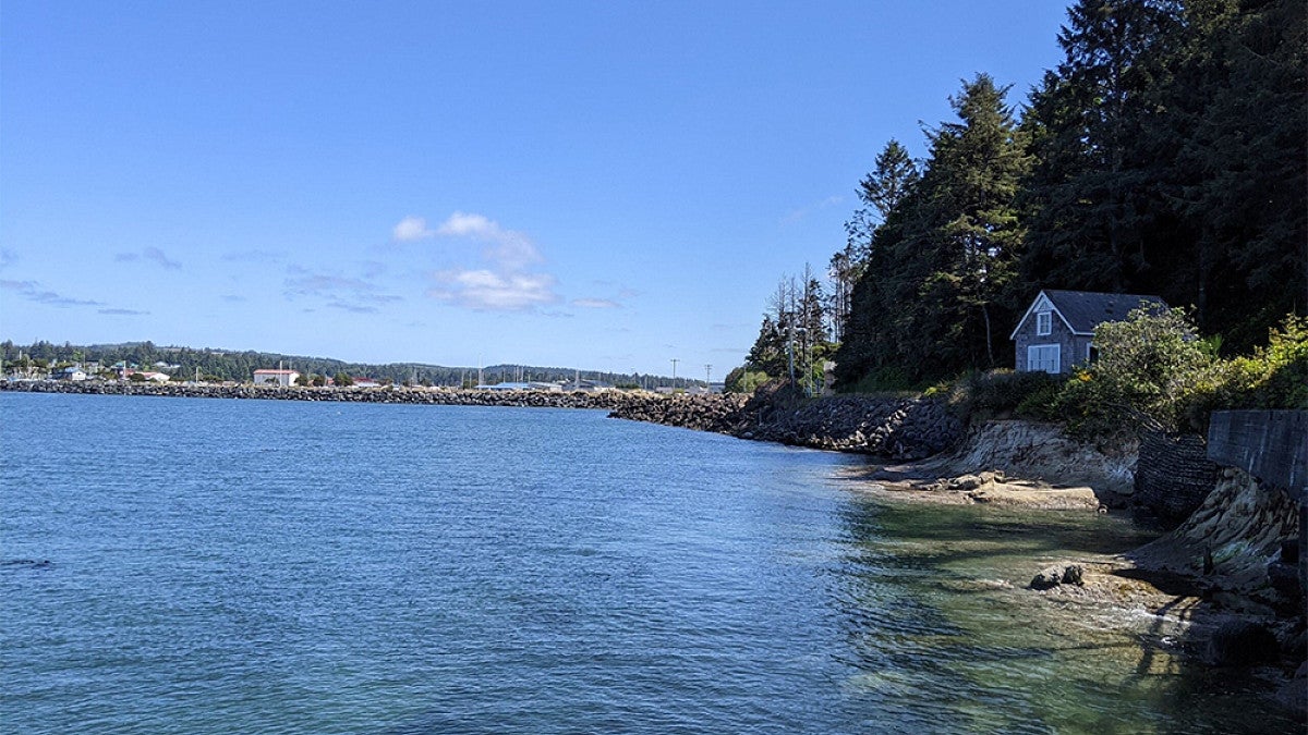 Photo of a coastal town with house perched on cliff in foreground