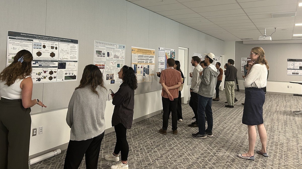 People looking at posters on a wall