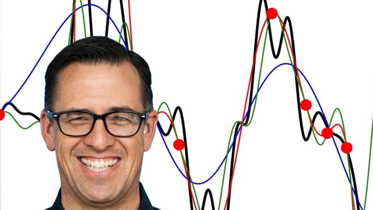 a headshot of a person wearing glasses with line curves