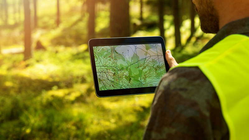 Man in forest working with topographical data on a tablet 