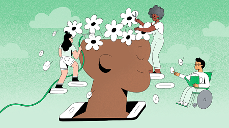Graphic design of a head with flowers coming out and people cutting the flowers