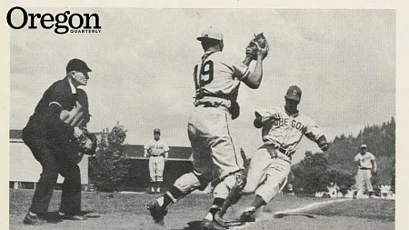 oregon baseball team making a catch in 1953 black and white photo