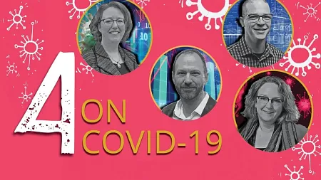 4 uo faculty experts' headshots with graphic illustrations of covid virus