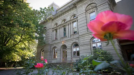 villard hall exterior with roses in foreground