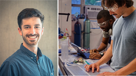 photo collage - left: smiling man in a blue shirt; right: two students working with electrochemical equipment and laptops in a laboratory