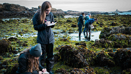 students write in notepads while standing in a tidepool