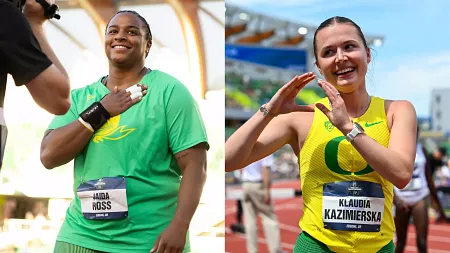 two UO female students celebrate after winning at the US Olympic Trials