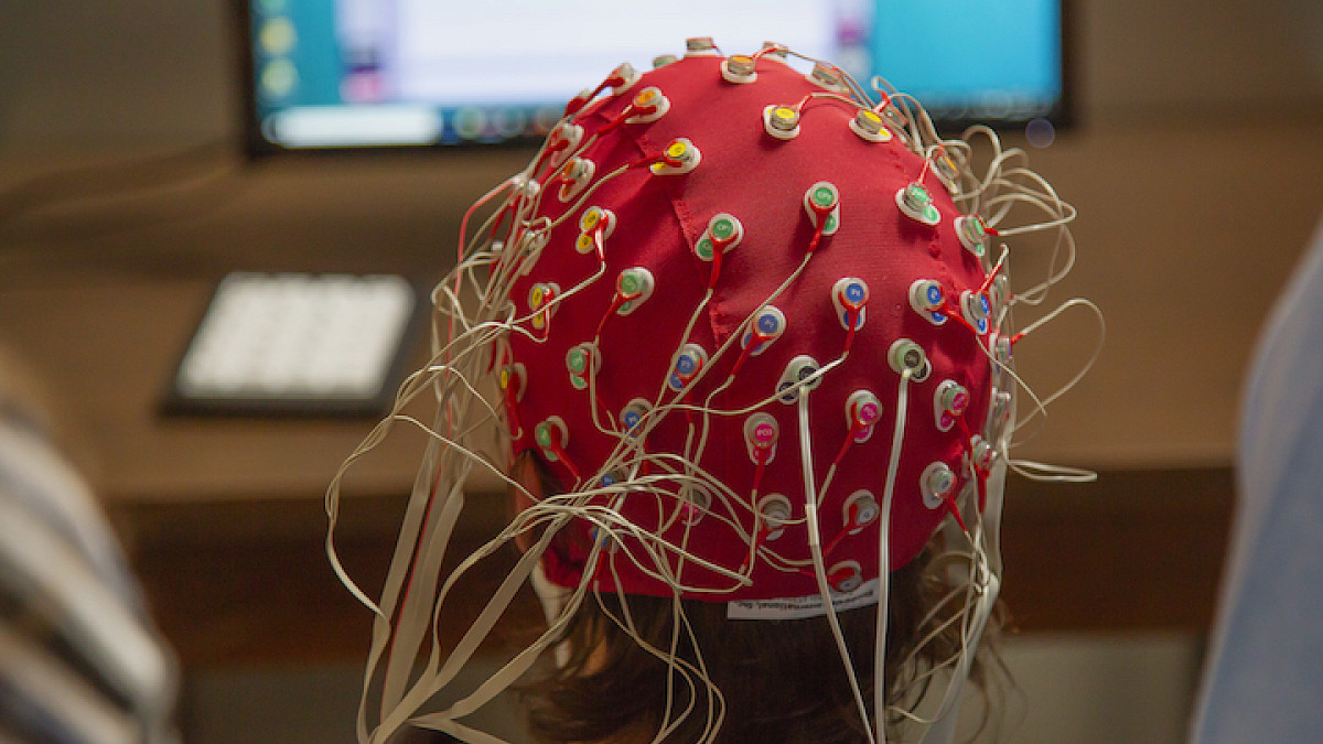 EEG cap on person's head