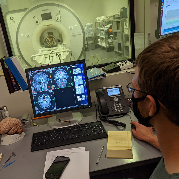 Lab technician examining an MRI brain scan